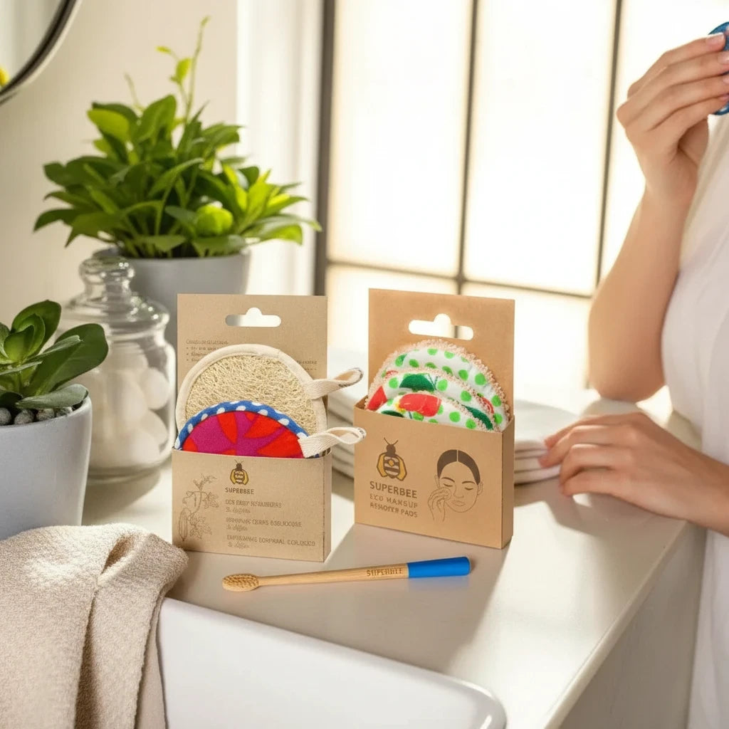 SuperBee Australia plastic-free bathroom starter kit with loofahs, reusable makeup pads, and a bamboo toothbrush.