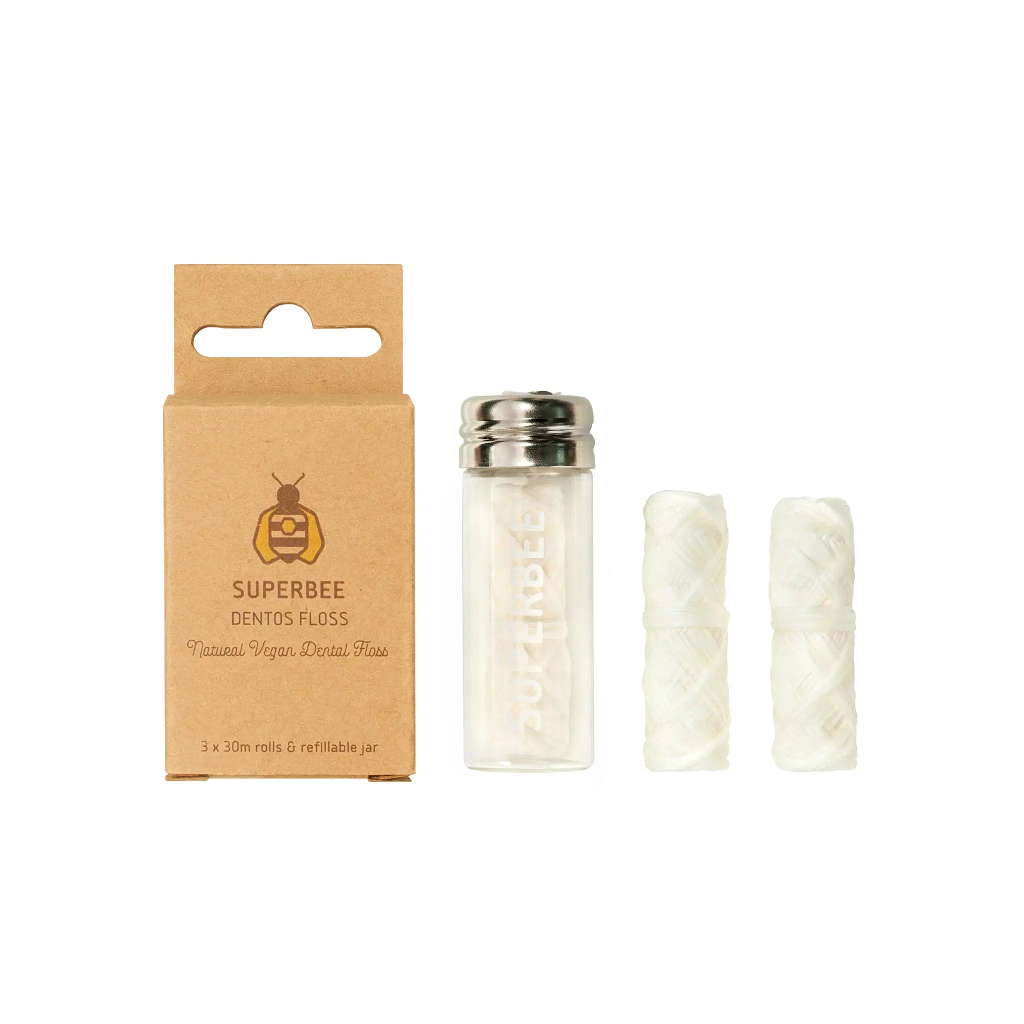 SuperBee Australia plastic-free dental floss set with refillable glass jar and organic corn fibre rolls in box