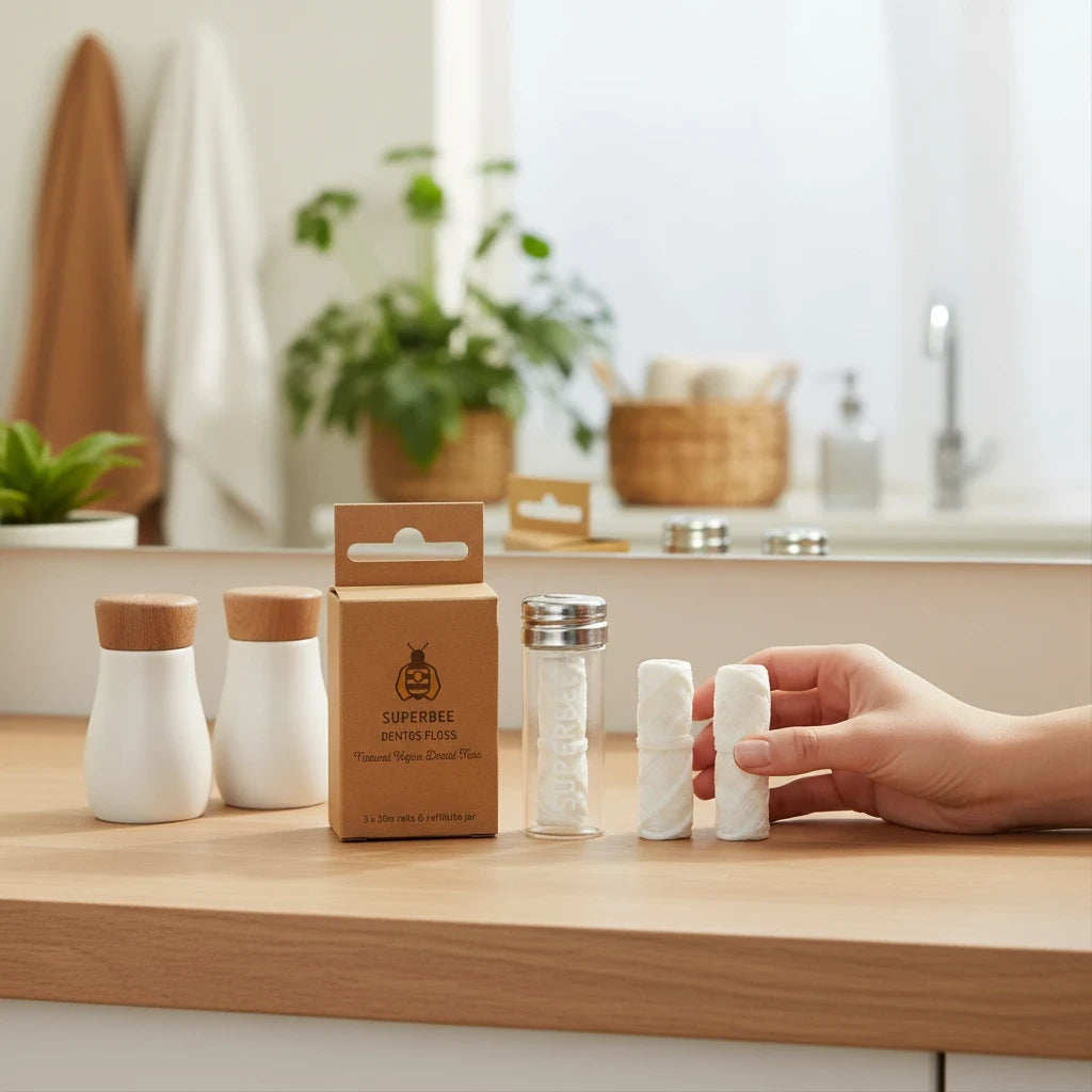 SuperBee Australia plastic-free dental floss with organic corn fibre refills and glass dispenser on a bathroom counter