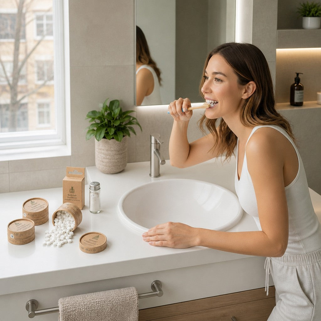 SuperBee Australia plastic-free dental starter kit with bamboo toothbrush and toothpaste tablets in a bathroom