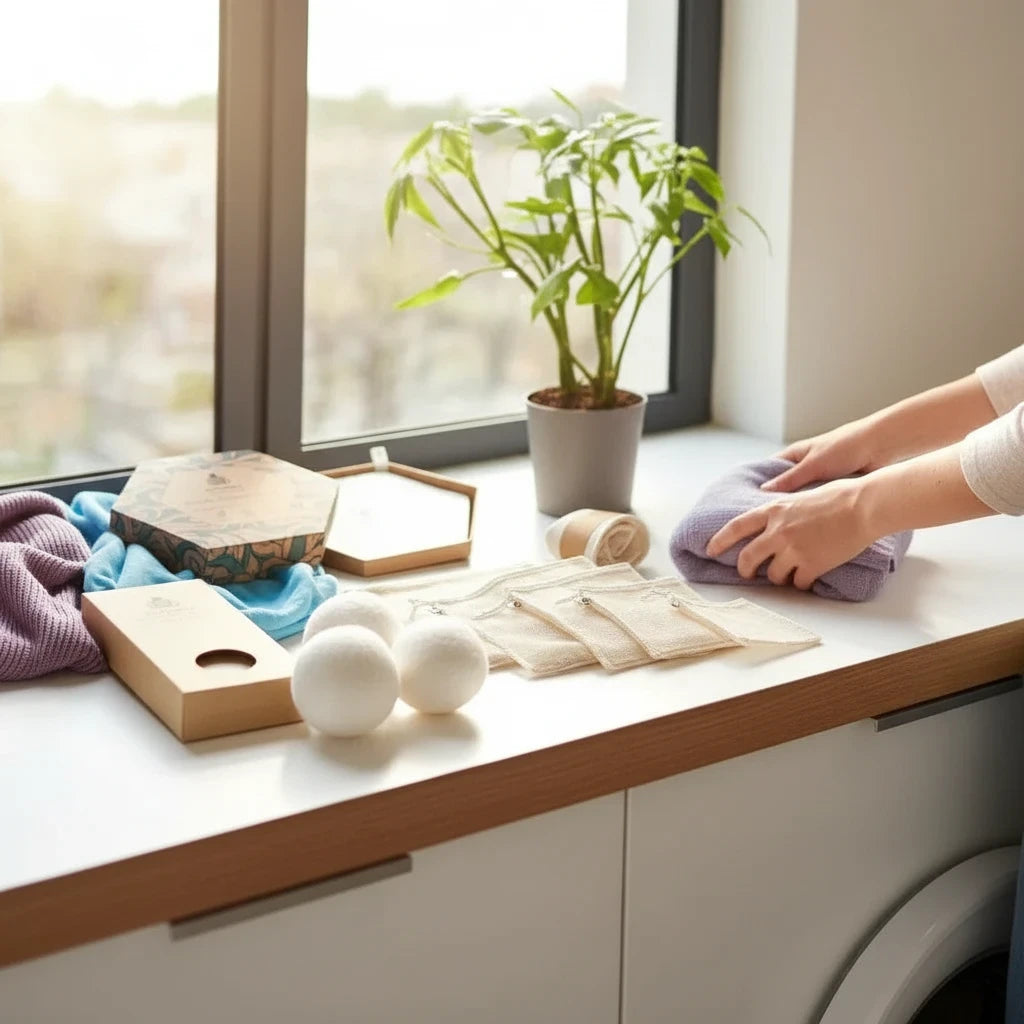 SuperBee Australia plastic-free laundry starter kit with wool dryer balls, mesh bags, and magnesium pouch on a counter