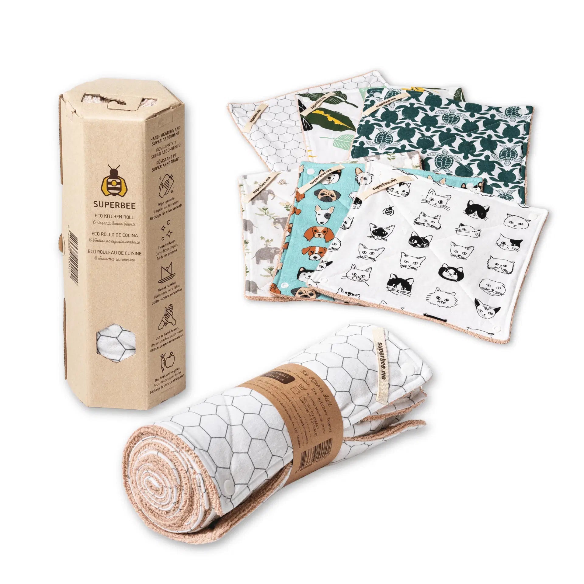 SuperBee Australia reusable organic cotton kitchen towel roll with mixed animal and plant print cloths