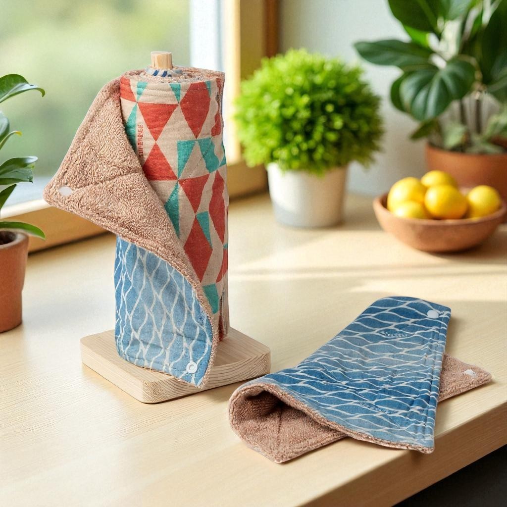 SuperBee Australia reusable organic cotton paper towel roll in Blue Lagoon pattern with absorbent brown towelling
