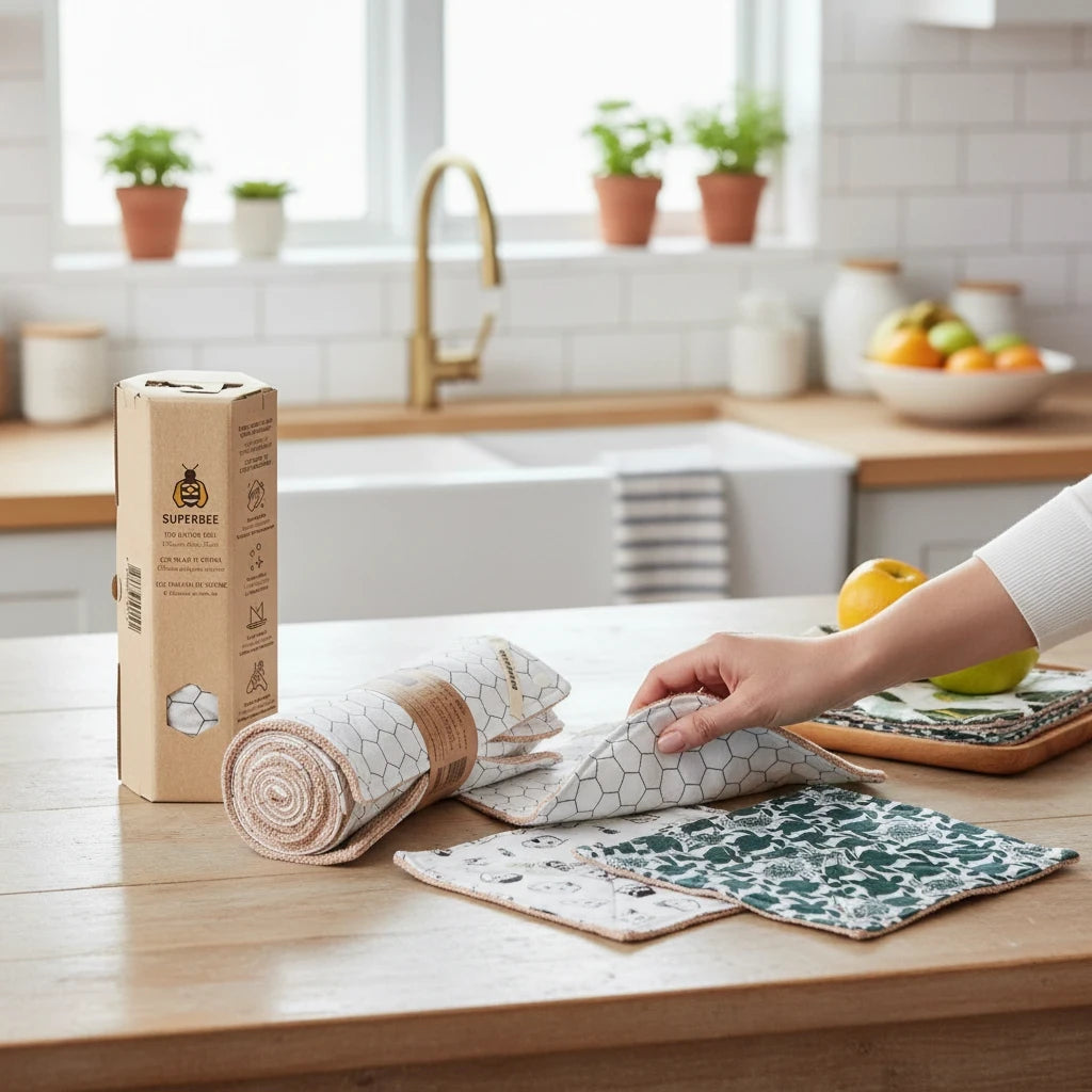 SuperBee Australia reusable organic cotton paper towel roll with mixed floral and geometric prints on a kitchen counter