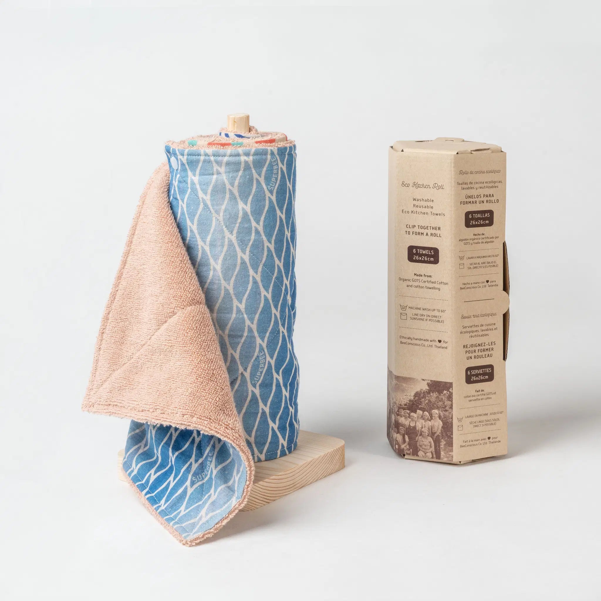SuperBee Australia reusable organic cotton kitchen towel roll in blue lagoon pattern with matching packaging box