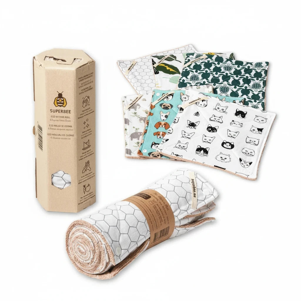 SuperBee Australia reusable organic cotton paper towel roll with assorted animal and botanical prints