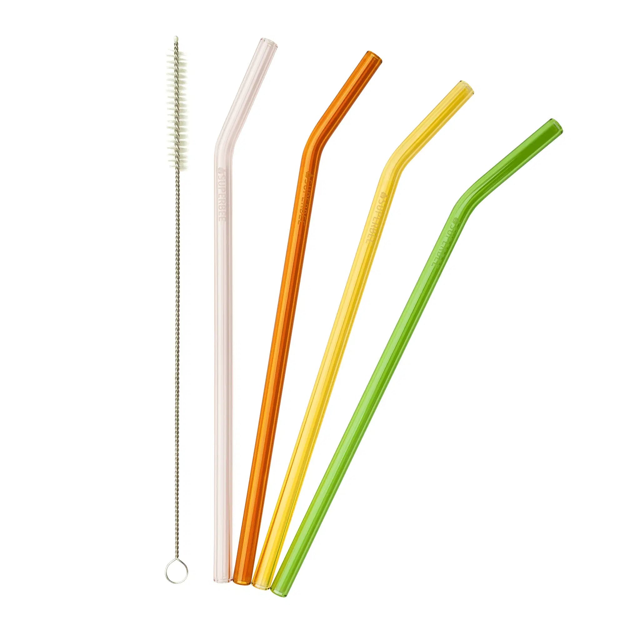SuperBee Australia reusable borosilicate glass straws in four vibrant colours with a cleaning brush