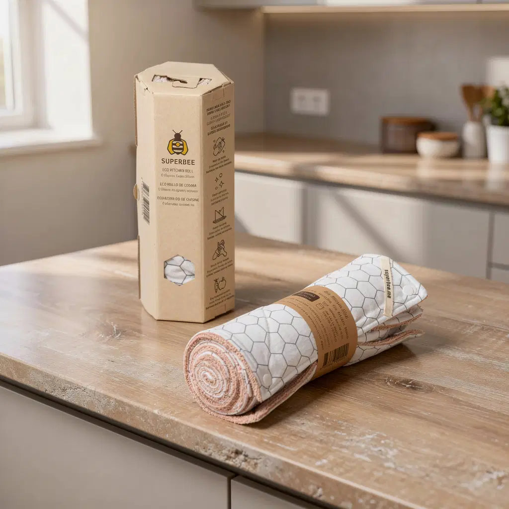 SuperBee Australia reusable organic cotton paper towel roll with white hexagonal pattern on a wooden kitchen counter