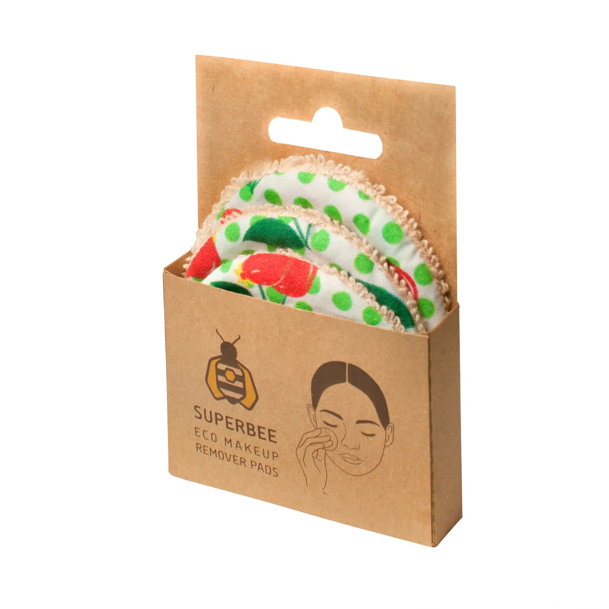 SuperBee Australia reusable makeup remover pads in eco-friendly cardboard packaging with floral and polka dot print