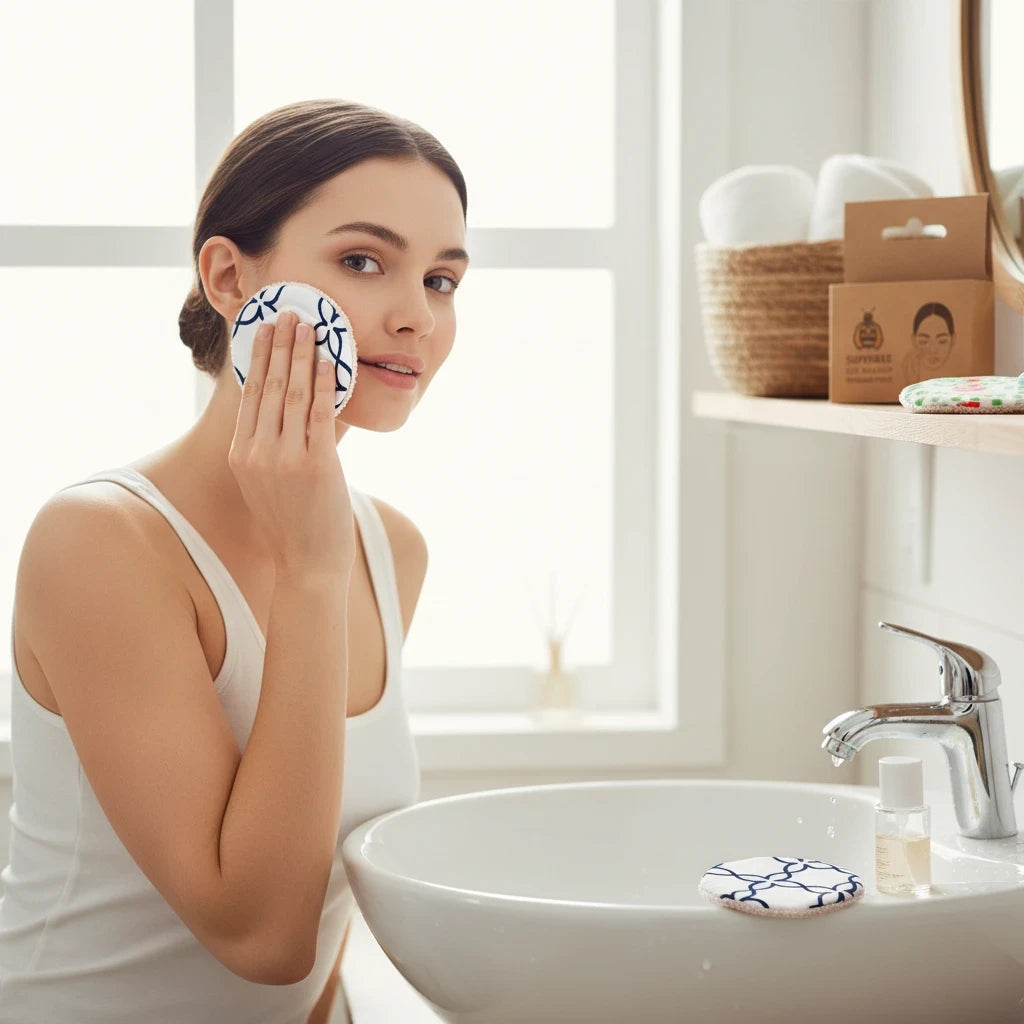 SuperBee Australia reusable makeup remover pads with blue geometric pattern being used by a woman in a bathroom