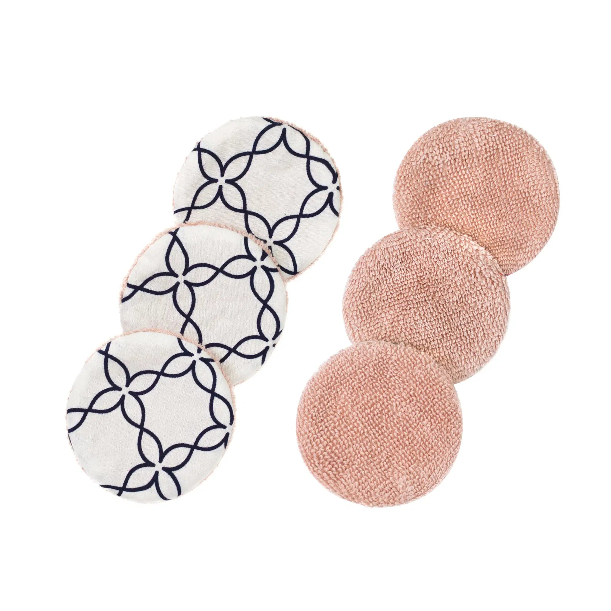 SuperBee Australia reusable makeup remover pads in a 3-pack with patterned white and solid pink textured fabric sides.