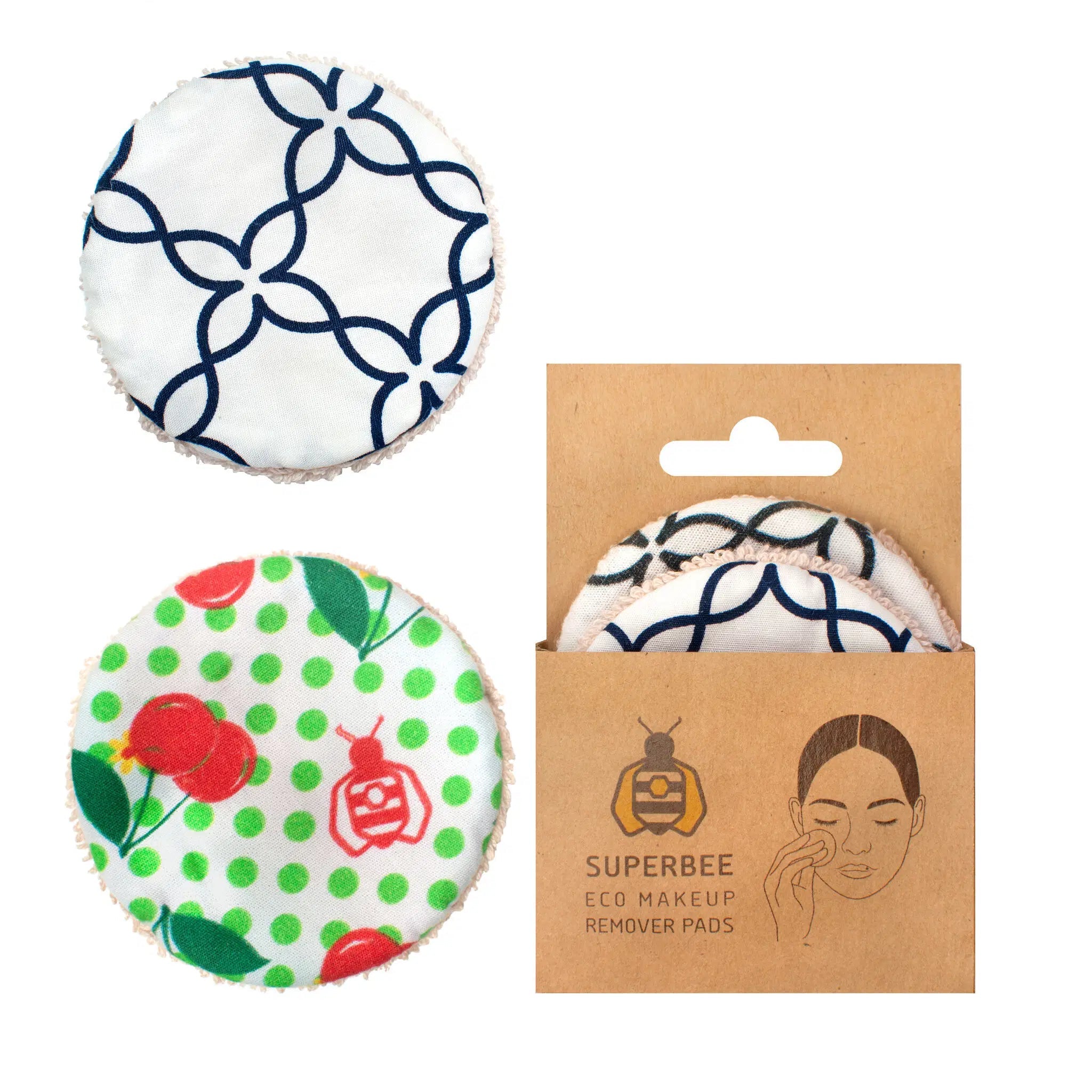 SuperBee Australia reusable makeup remover pads in cherry and geometric patterns with eco-friendly packaging