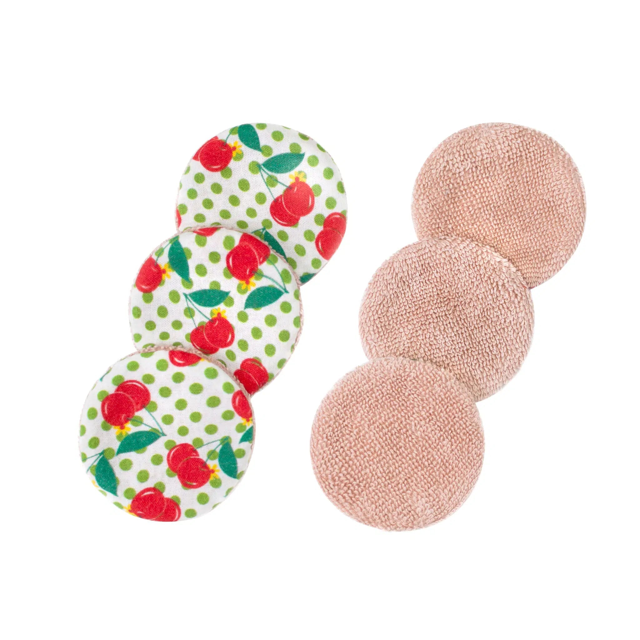 SuperBee Australia reusable makeup remover pads in a 3-pack with cherry print and soft beige fabric sides.