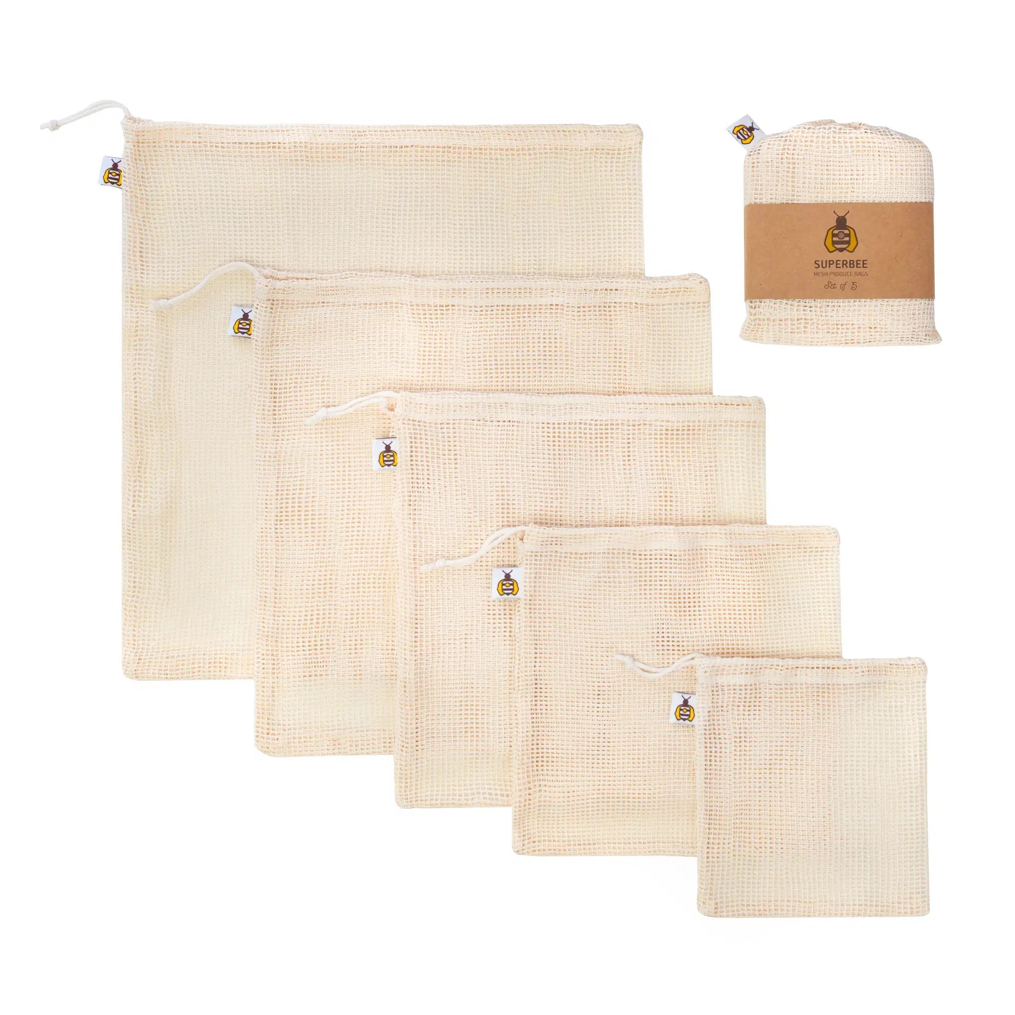 SuperBee Australia plastic-free mesh laundry bags in five different sizes made from natural cotton with drawstring