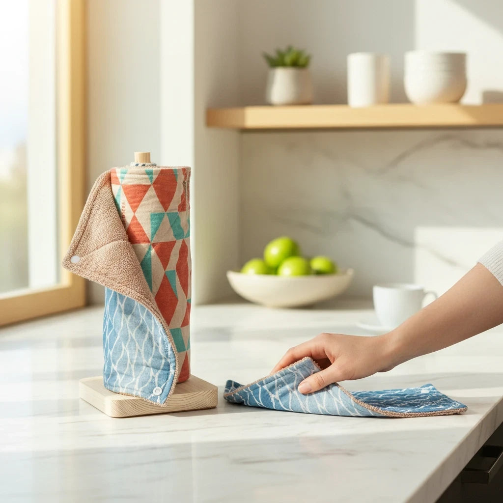 SuperBee Australia reusable organic cotton paper towel roll in Blue Lagoon pattern with a hand holding a cloth
