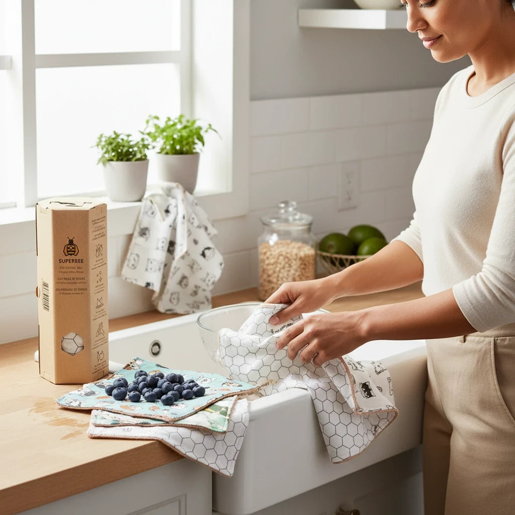 SuperBee Australia reusable organic cotton kitchen towel roll with mixed prints being used in a bright kitchen