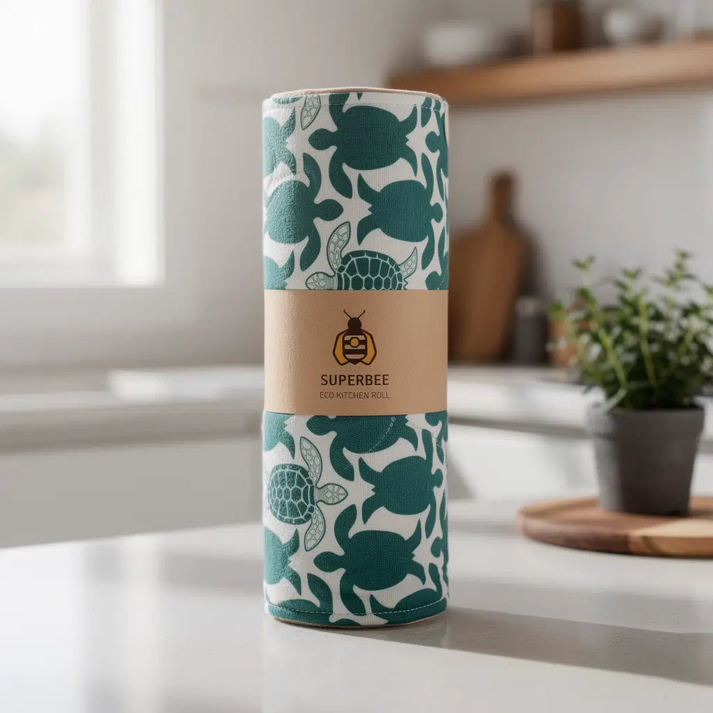 SuperBee Australia reusable organic cotton kitchen towel roll with green turtle print on a white kitchen counter.