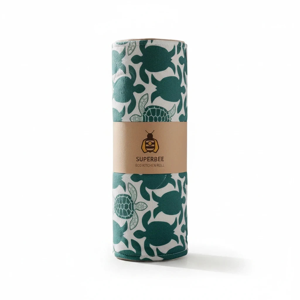 SuperBee Australia reusable organic cotton kitchen towel roll with green turtle print on a white background