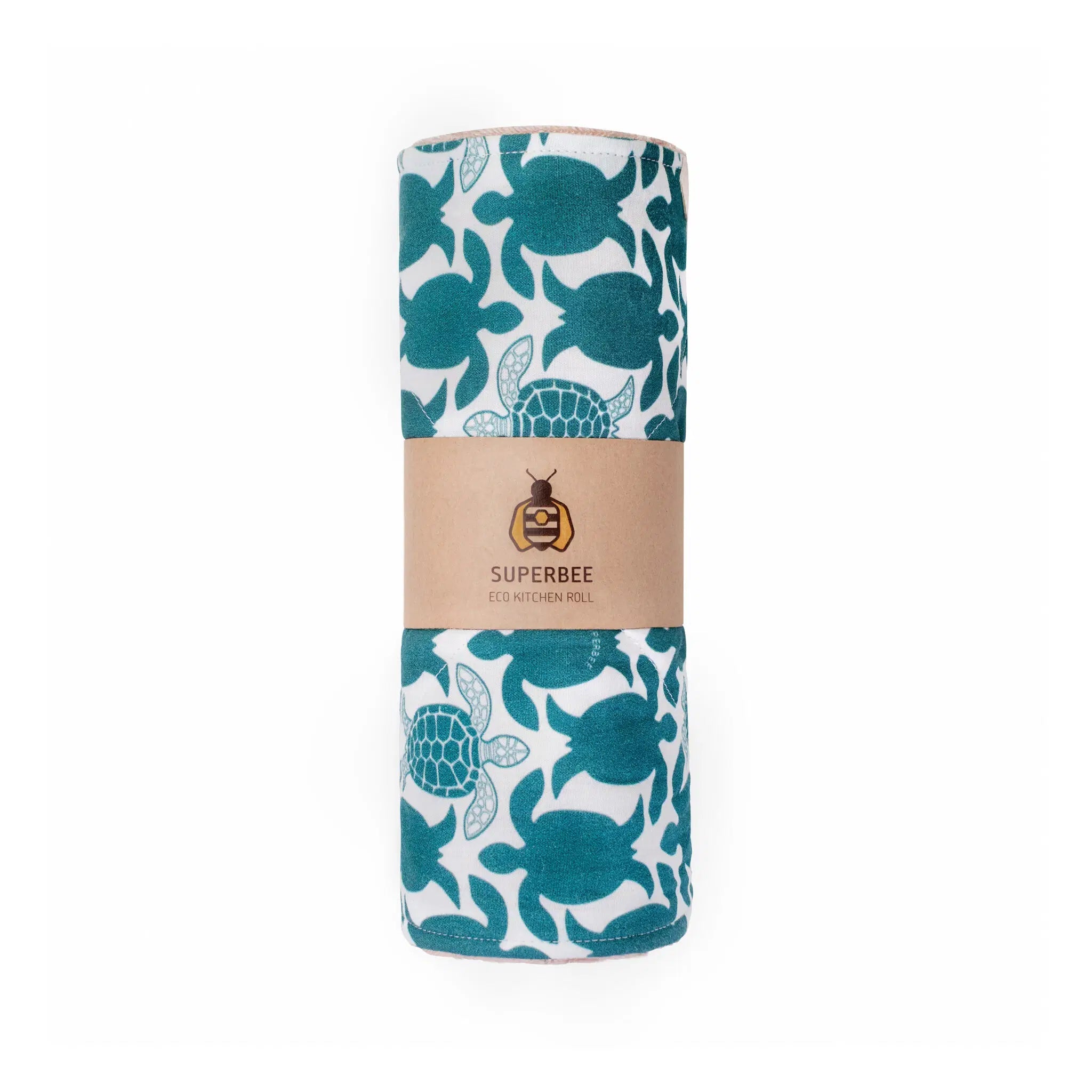 SuperBee Australia reusable organic cotton kitchen towel roll with teal turtle print on a white background