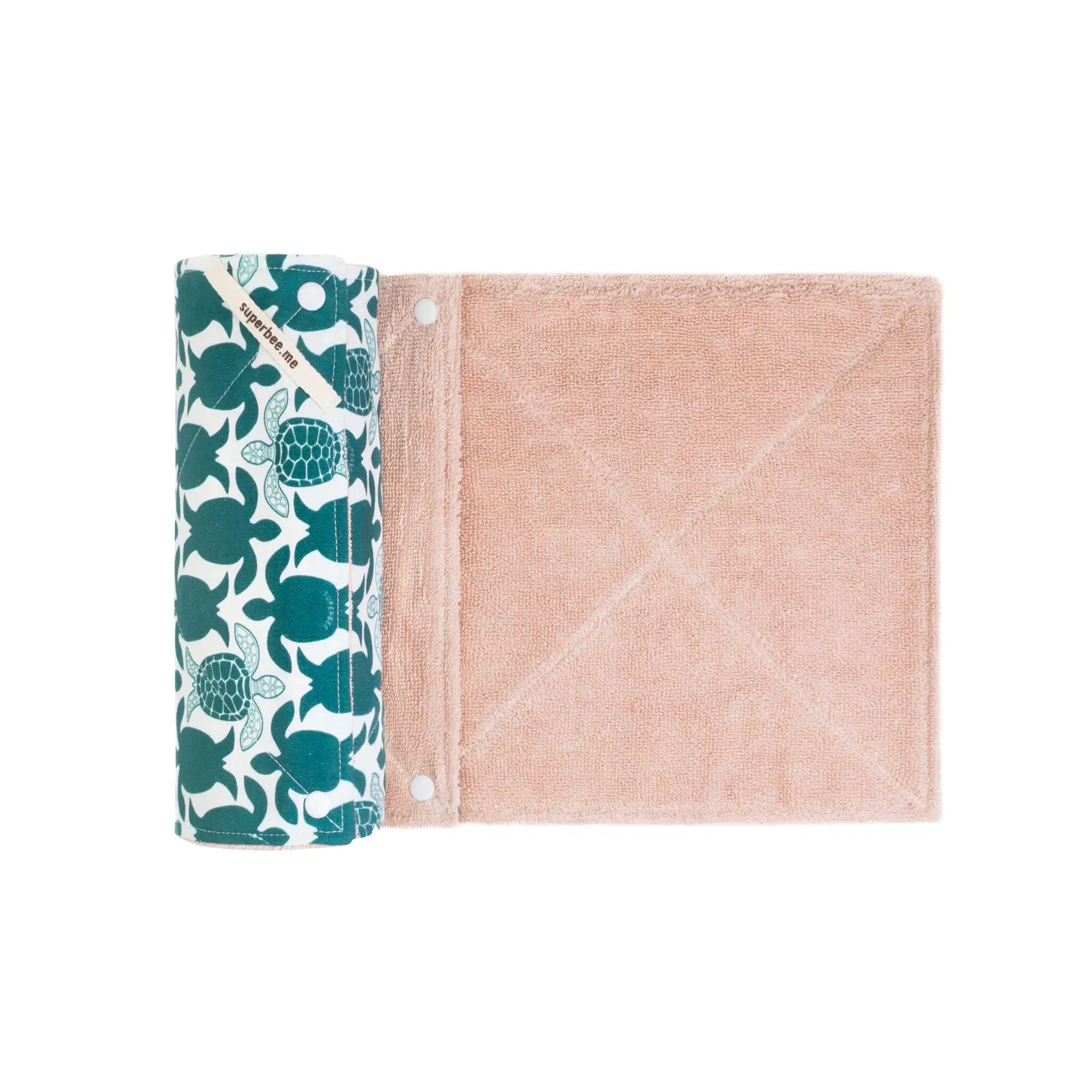 SuperBee Australia reusable organic cotton kitchen towel roll with green turtle print and soft pink absorbent cloth