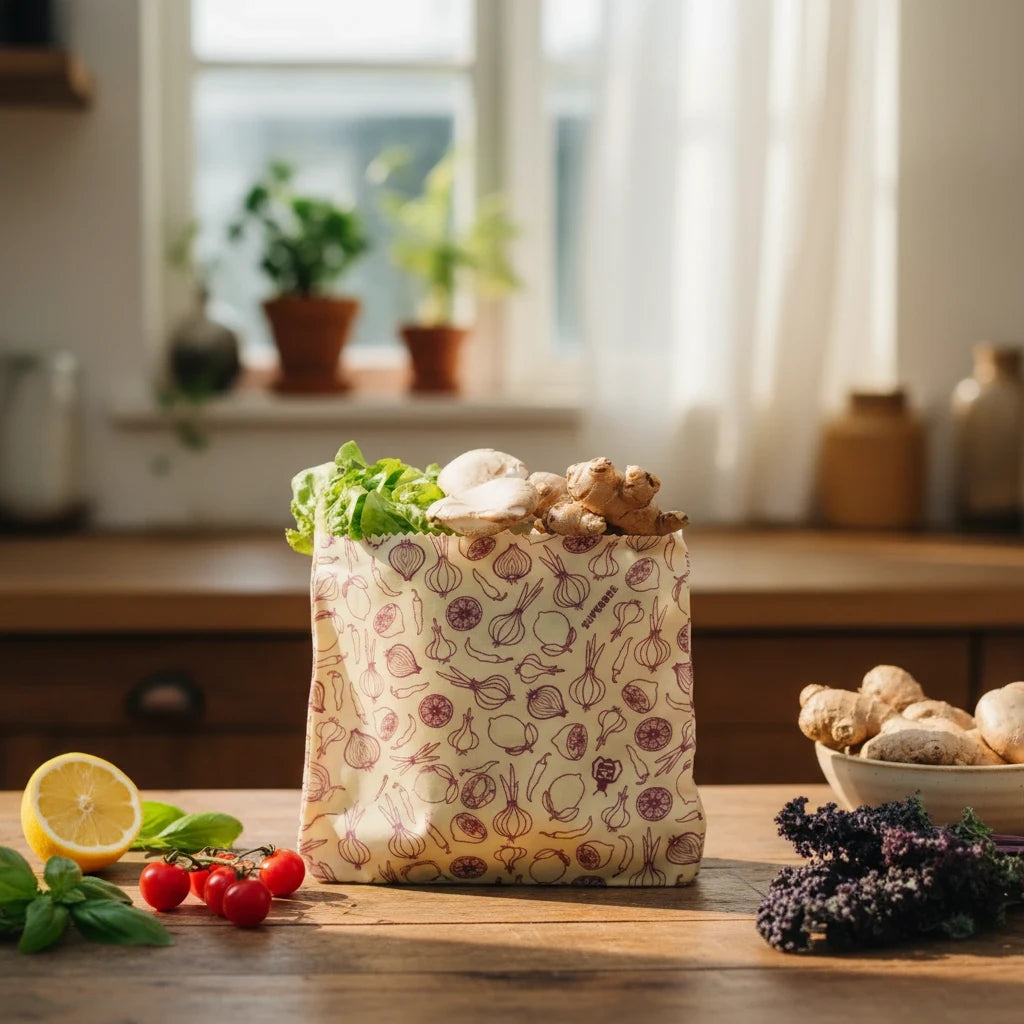 SuperBee Australia small reusable beeswax food storage bag with spicy vegetable print on a wooden kitchen table
