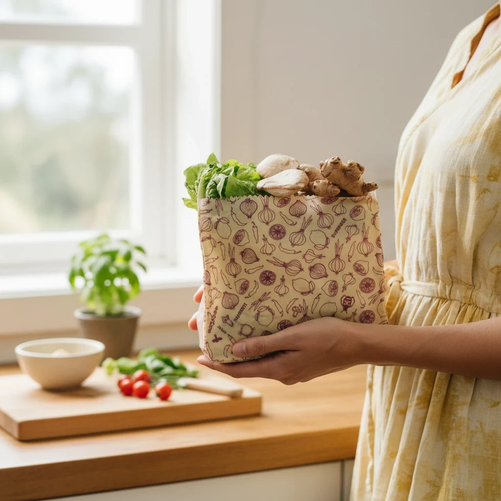 SuperBee Australia small reusable beeswax food bag with spicy vegetable print held by a person in a kitchen