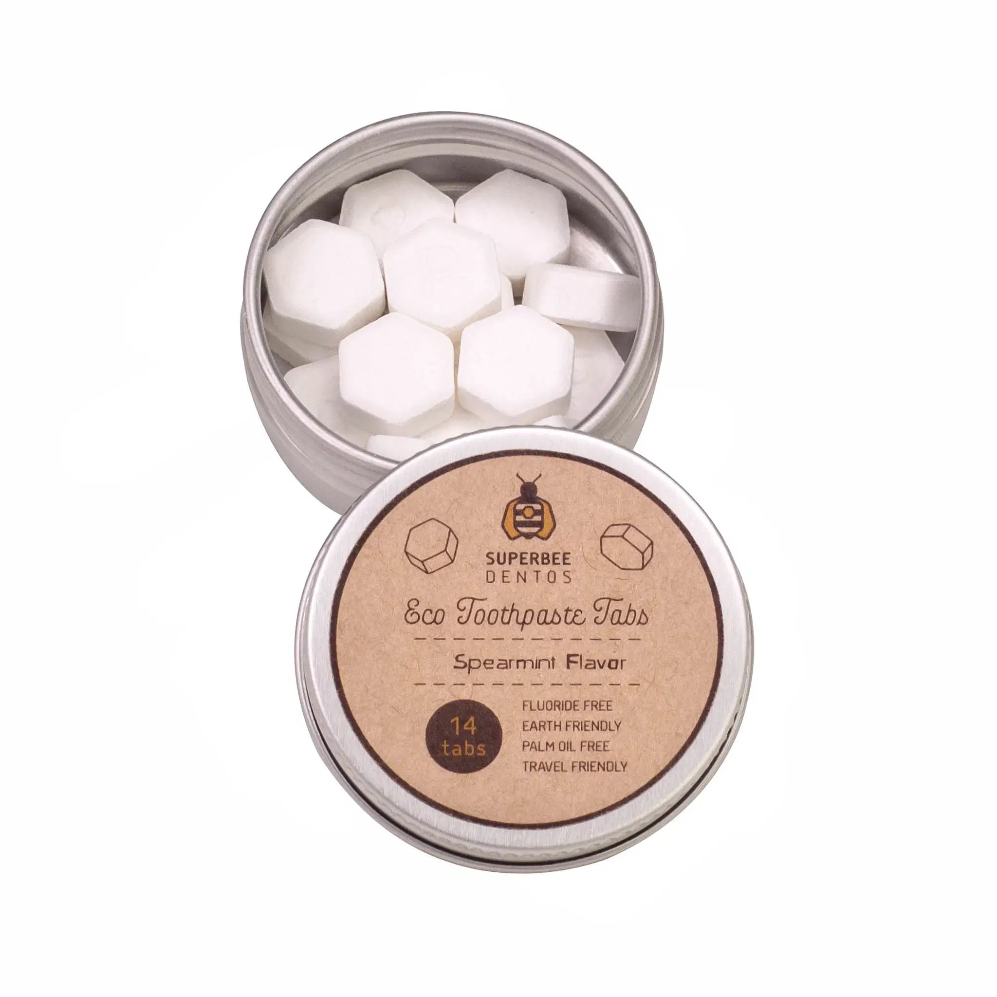 SuperBee Australia Dentos spearmint toothpaste tablets in a reusable metal tin, 14 pack, vegan and fluoride-free.