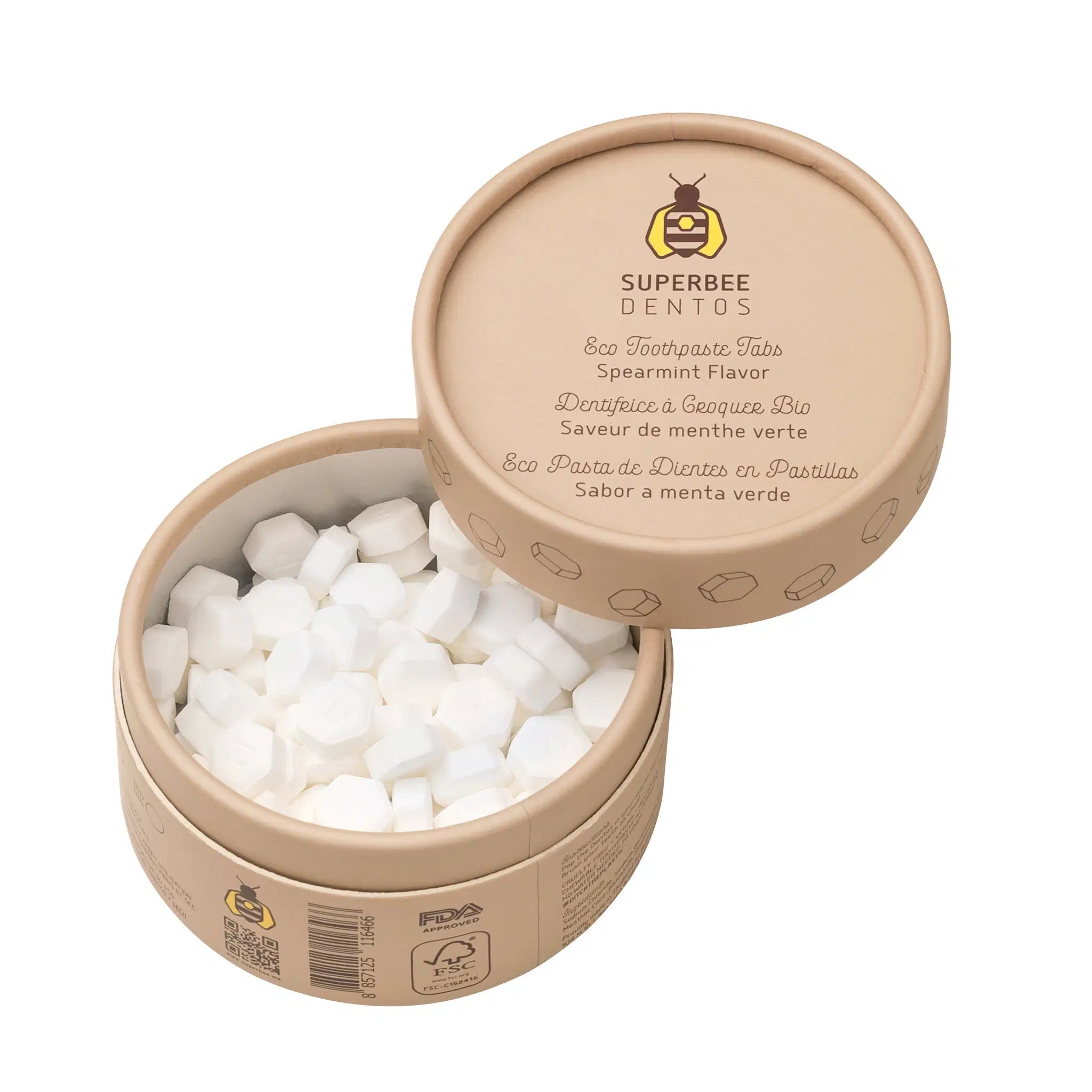 SuperBee Australia Dentos spearmint toothpaste tablets in a round, eco-friendly cardboard container