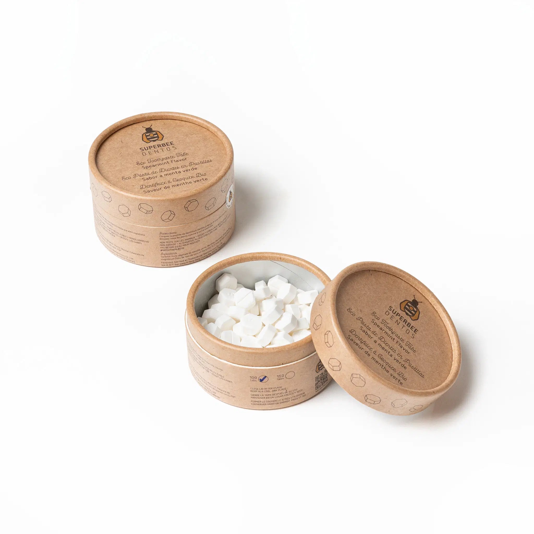 SuperBee Australia Dentos spearmint toothpaste tablets in a round, eco-friendly cardboard container.