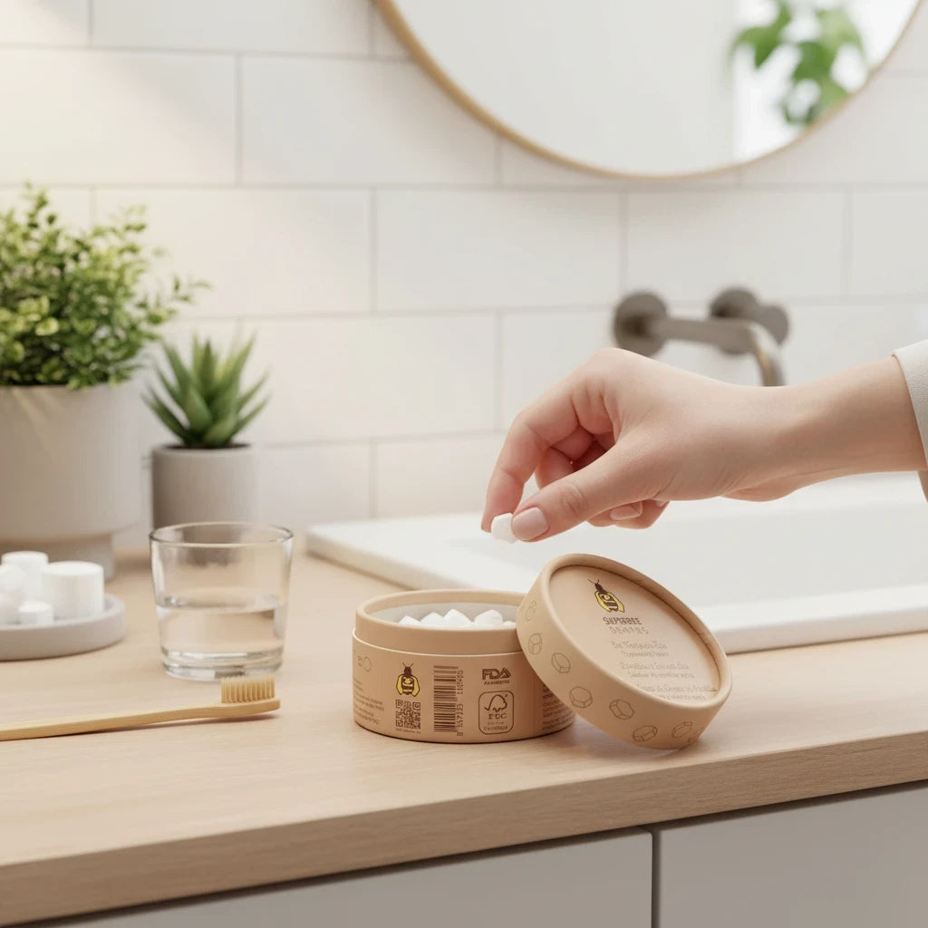 SuperBee Australia Dentos toothpaste tablets in a round cardboard container held by a hand in a bright bathroom.