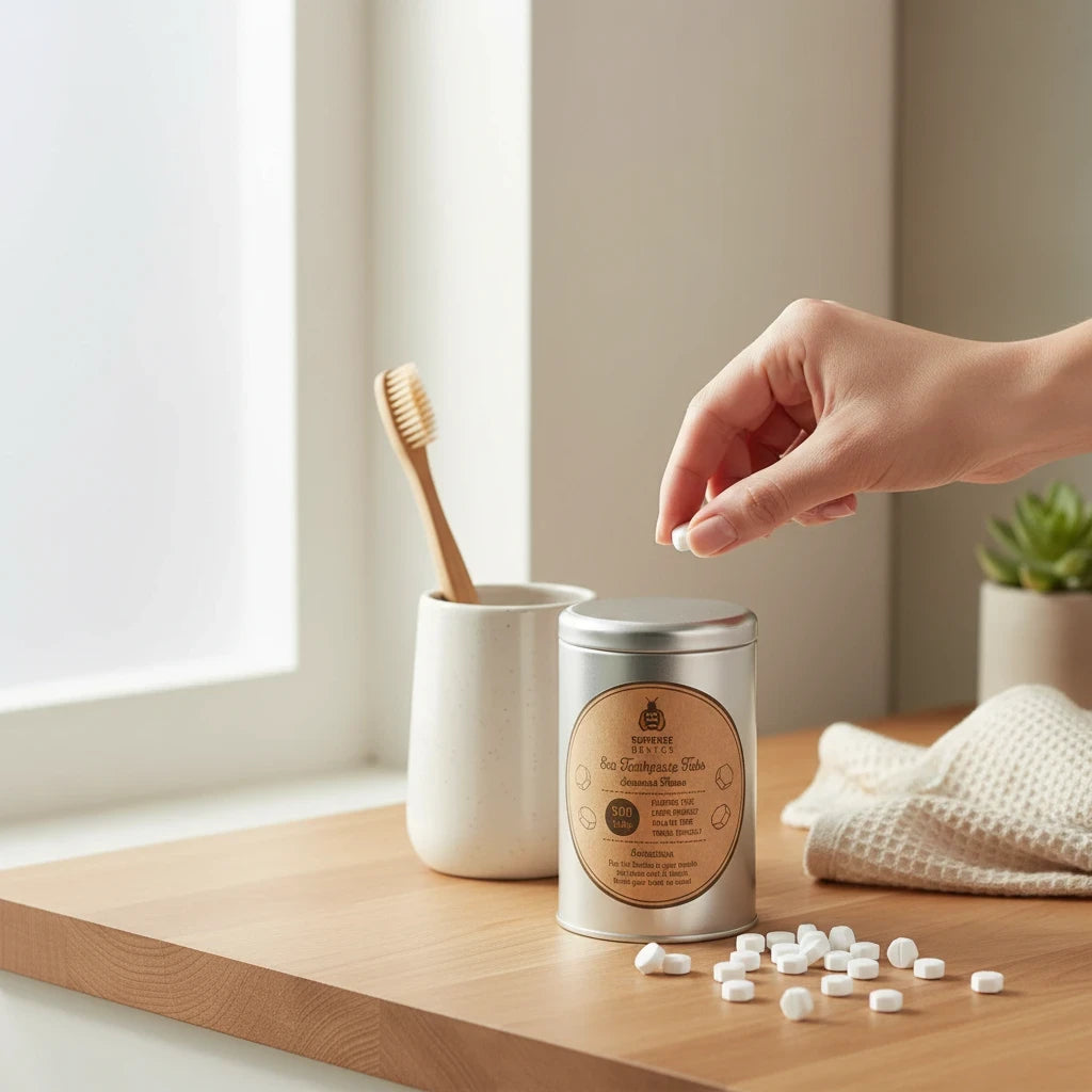 SuperBee Australia Dentos spearmint toothpaste tablets in a metal tin with a bamboo toothbrush on a wooden counter.