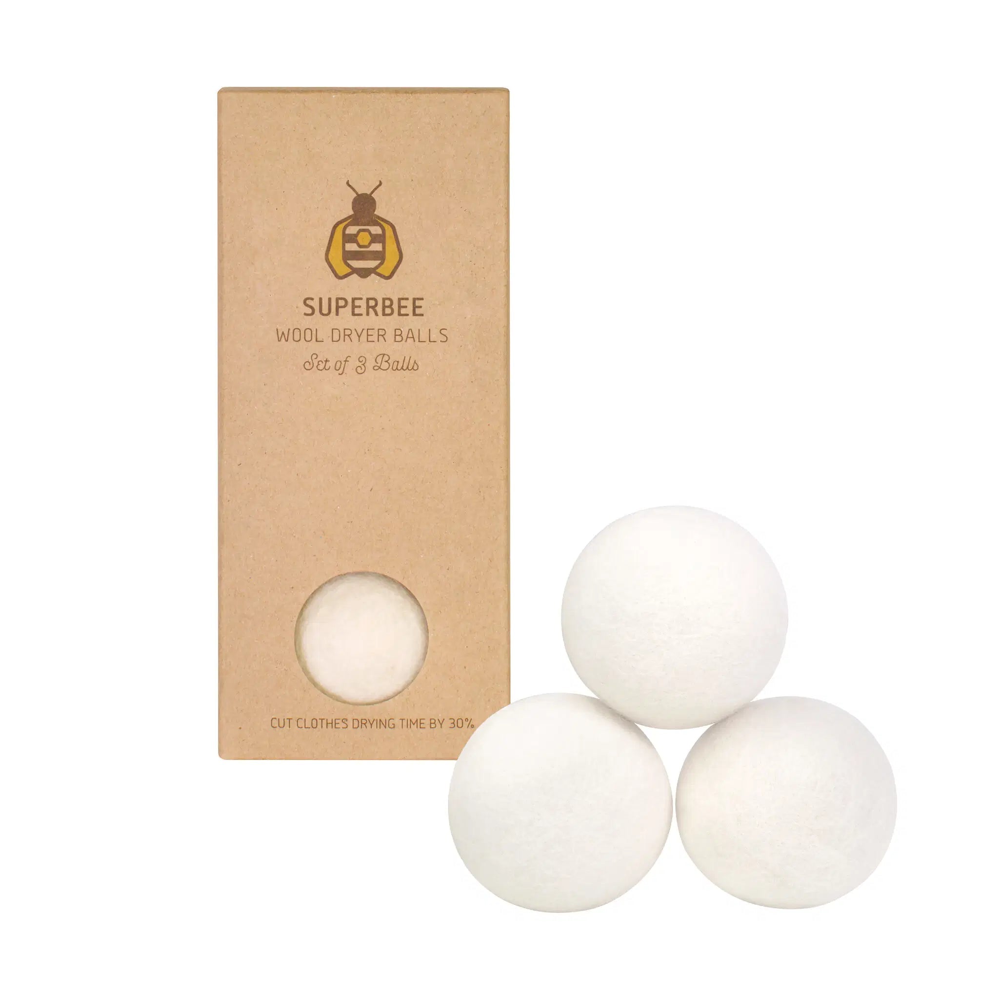 SuperBee Australia set of three white wool dryer balls in eco-friendly cardboard packaging for sustainable laundry