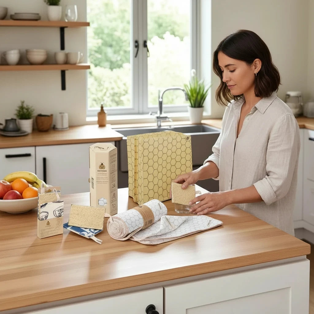SuperBee Australia Kitchen Swap Box with reusable wax bag, natural loofahs, and washable kitchen paper towel roll.